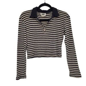 Vintage 90's Striped Cropped Long Sleeve Half Zip L Collared Black Cream Y2K